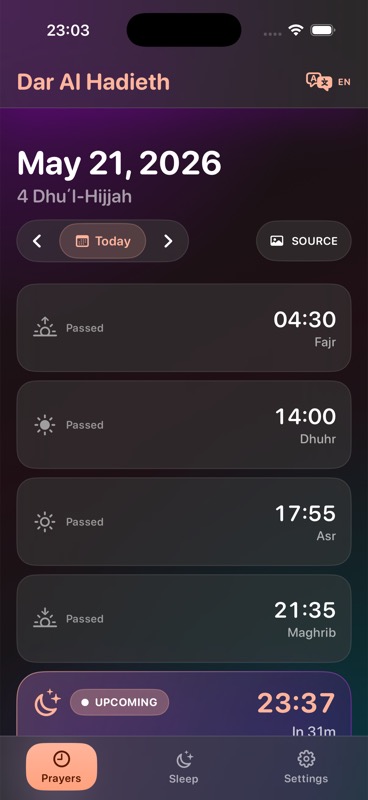 Screenshot van de gebedstijden in de Dar Al Hadieth Prayer app