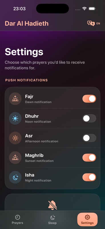 Screenshot van de instellingen in de Dar Al Hadieth Prayer app