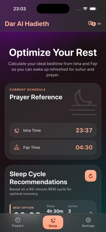 Screenshot van de slaapcyclus in de Dar Al Hadieth Prayer app